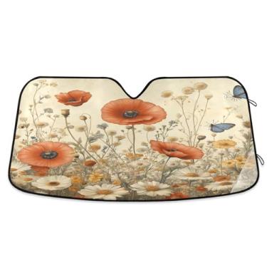 Imagem de ATTX Para-brisa de carro de flores silvestres e borboletas 144.8 cm x 80.0 cm Protetor solar universal com proteção UV, persiana de janela frontal automática dobrável para caminhões Sedans SUVs #472