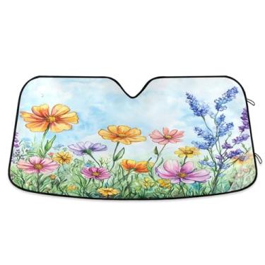 Imagem de ATTX Pára-brisas de carro colorido flores silvestres prado para-sol 139.7 cm x 70.1 cm protetor solar universal com proteção UV, persiana de janela frontal automática dobrável para Sedans SUVs