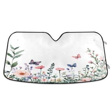 Imagem de ATTX Para-brisa de carro de flores silvestres e borboletas 134.6 cm x 59.7 cm Protetor solar universal com proteção UV, persiana de janela frontal automática dobrável para caminhões Sedans SUVs #451