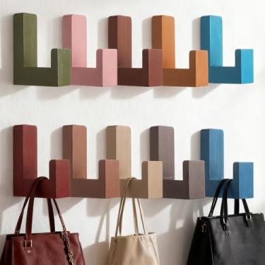 Imagem de Pacote com 10 ganchos de parede coloridos para mochila infantil fofos, ganchos adesivos de madeira, suporte de parede, gancho de cor boho para pendurar na escola, escritório, bolsas, pôsteres, toalhas