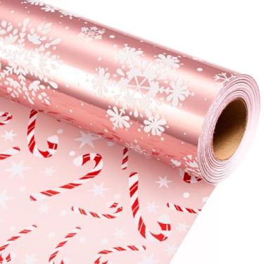 Imagem de Retrify Papel de embrulho de Natal floco de neve - Mini rolo de 43 cm x 80 metros - Papel de embrulho rosa de bengala doce para celebração de festas de chá de Natal
