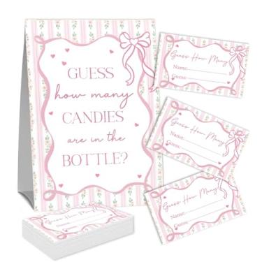 Imagem de Placa Guess How Many Candies (1 placa de pé e 50 cartões de adivinhação) Kit de cartas de jogo de atividades com tema de arco rosa para chás de bebê, festas de recém-nascidos, chá de noivado de