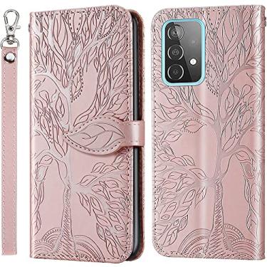 Imagem de MEUPZZK Capa para Samsung Galaxy A53 5G, capa carteira para Samsung A53 5G, couro sintético premium com árvore em relevo [suporte] [compartimentos para cartões] [alça de pulso] [flip fólio] [6,5
