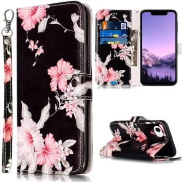 Imagem de JanCalm Capa carteira com estampa floral para iPhone 16e, alça de pulso, capa com compartimentos para cartões, suporte, proteção de couro PU, capas fofas para mulheres e meninas (flor preta)