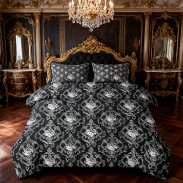 Imagem de Erosebridal Conjunto de edredom damasco branco e preto com lençol - Jogo de cama gótico vitoriano para adultos, boêmio antigo, 7 peças, conjunto de cama gótico vitoriano floral