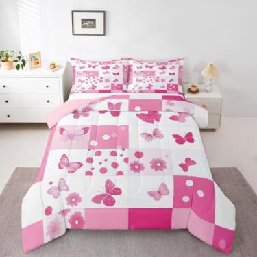 Imagem de Feelyou Jogo de cama solteiro com estampa de borboleta, floral, estampa de borboleta, para crianças, meninos, meninas, edredom com bolinhas, decoração de quarto, microfibra rosa, 2 peças com 1 fronha