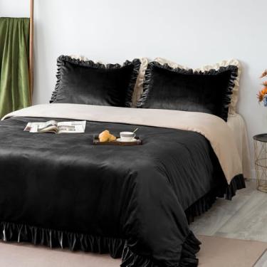 Imagem de GLORY SEASON Conjunto de capa de edredom de veludo retrô com babados acabamento luxuoso sólido obsidiana preta fazenda vintage conjuntos de roupa de cama, fronhas combinando para decoração de quarto