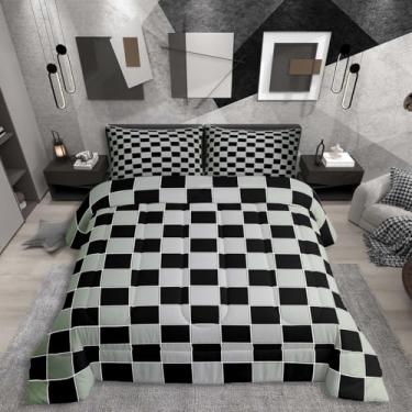 Imagem de Erosebridal Conjunto de edredom geométrico, xadrez, verde, cinza, ombré, para adultos, homens e mulheres, edredom quadriculado, preto, gradiente, 2 peças