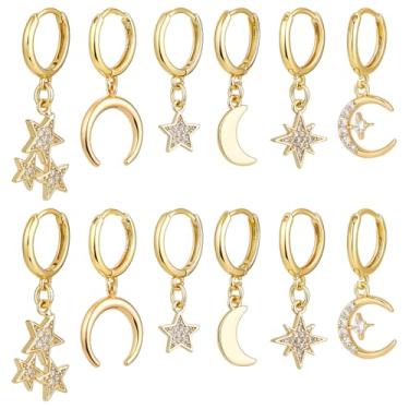 Imagem de PH PandaHall 6 estilos de brincos de argola banhados a ouro 18 quilates, 6 pares de brincos de argola de zircônia cúbica e lua de estrela com zircônia cúbica micropavê de gota crescente dourada para