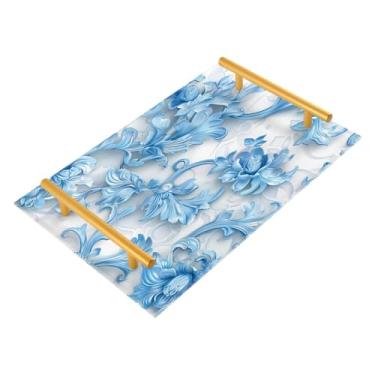 Imagem de Wassud Bandeja floral azul para banheiro, joias de acrílico, bandejas de perfume, alça de maquiagem, cômoda, quarto, cozinha, mesa, 30 x 20 cm