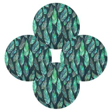 Imagem de Wassud Jogo americano conjunto de 4 tapetes redondos de penas verdes para cozinha e jantar tapetes laváveis resistentes ao calor decoração de mesa 39 cm