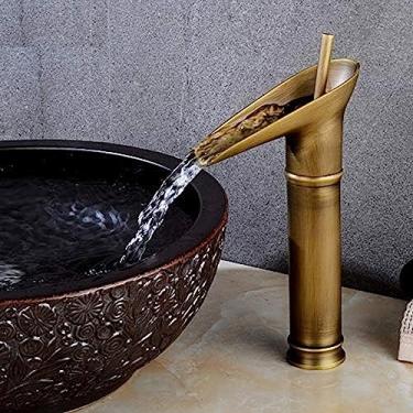 Imagem de LMJYU Torneiras de pia de banheiro Torneira de lavatório, torneira de lavatório de cachoeira antiga quente e fria toda em cobre acima do balcão lavatório banheiro torneira de furo único retrô, preto