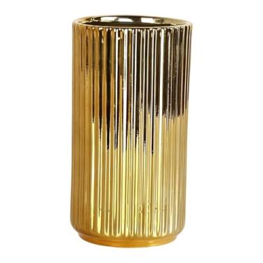 Imagem de KiBcsLic Vaso de cerâmica dourada para flores, suporte para plantas, centro de mesa, arranjo floral, vaso cilíndrico para sala de estar, festa, de, 10cmx18.5cm