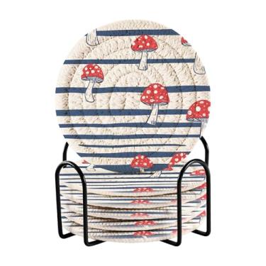 Imagem de SEHANY Conjunto de 6 porta-copos de cogumelos florestais com suporte, porta-copos redondos absorventes de algodão resistente ao calor para mesa de jantar, canecas de café, 10 cm