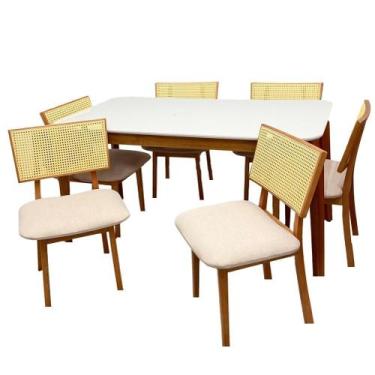 Imagem de Mesa de Jantar Alegra 160x80cm com Vidro e 6 Cadeiras Diamante em Linh