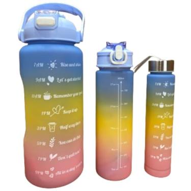 Imagem de Garrafa Squeeze Motivacional 3 Em 1 Copo Com Canudo Squeeze Esportiva Com Marcadores De Hidratação 2L Tampa Antivazamento (Azul)