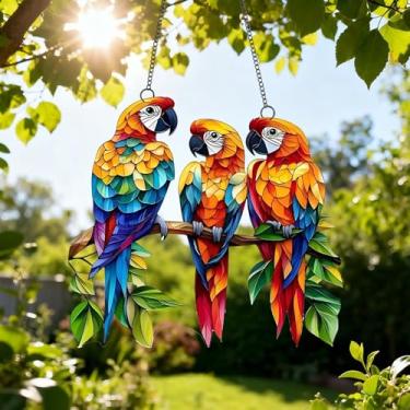 Imagem de 1 peça para pendurar em acrílico com três araras coloridas, decoração de janela de 18 cm com design de estilo vitral impresso, arte de parede de criador de arco-íris, ideia de presente e ornamento de