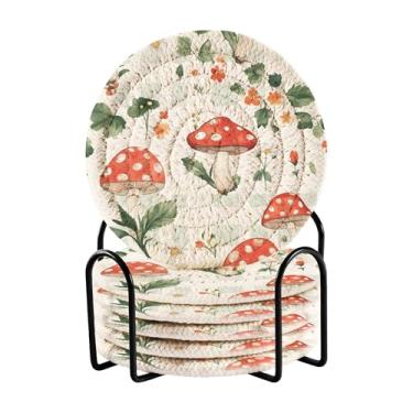 Imagem de SEHANY Conjunto de 6 porta-copos de cogumelos florestais com suporte, porta-copos redondos absorventes de algodão resistente ao calor para mesa de jantar, canecas de café, 10 cm