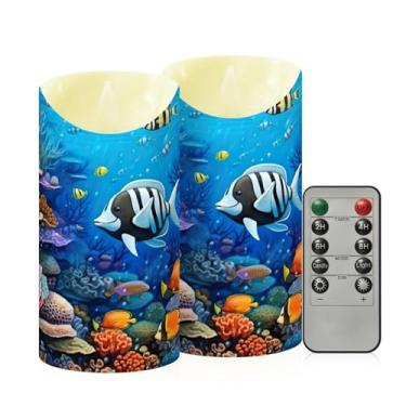 Imagem de Wassud Velas coloridas sem chama de recife de peixe com controle remoto, velas realistas cintilantes com temporizador, velas decorativas para Natal, casamento, festa, decoração de casa pequenas