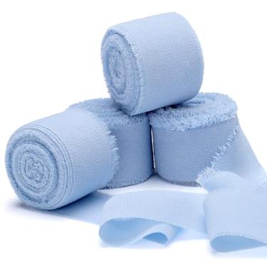 Imagem de EUSOAR Fita de chiffon, 4 rolos de 2,5 cm x 5,5 m cada borda desgastada azul fita de chiffon de cetim, fitas de seda feitas à mão para artesanato, casamento, buquês de flores, convites, decoração de