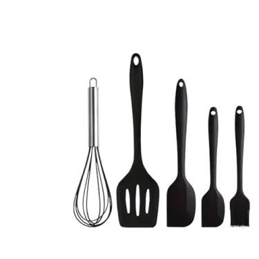 Imagem de Kit 5 Peças Utensílios de Cozinha em Silicone | Espátula Pão Duro, Colher, Fouet e Pincel | Resistente ao Calor, Antiaderente(PRETO)