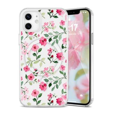 Imagem de EYZUTAK Capa magnética para iPhone 12/iPhone 12 Pro com flores compatível com MagSafe, capa protetora bonita floral estética fina transparente antiamarelamento para meninas e mulheres - rosa vermelha