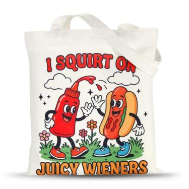 Imagem de VANLOVEMAC Sacola engraçada de lona branca para mulheres, esposa, elefante branco, presentes para adultos, meias de Natal para mulheres, sacola de lona estética obscura para namorada, I Squirt On