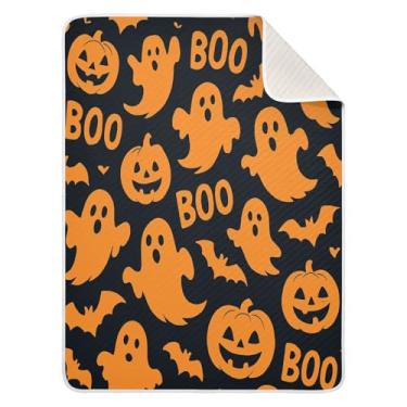 Imagem de Qilmy Cobertor de bebê Halloween Boo abóbora morcego 76 x 101 cm, cobertor infantil de algodão macio para meninos e meninas, cobertor leve e quente para bebês de berço, carrinho de bebê, soneca