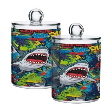 Imagem de Qilmy Qtip Suporte de boticário de 400 ml, frasco de plástico transparente Graffiti Sharks com tampa, dispensador de recipiente de banheiro para bola de algodão, cotonete, fio dental, pacote com 2