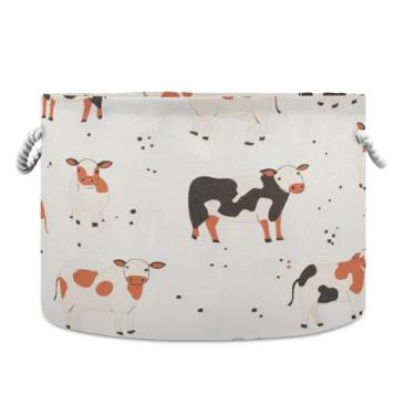 Imagem de JUZIHAI Cesta de armazenamento dobrável de vaca fofa para bebê, cesto de roupa suja, cobertor com alças de corda de algodão, caixa organizadora de armário dobrável para quarto, berçário, casa, 50 x 35