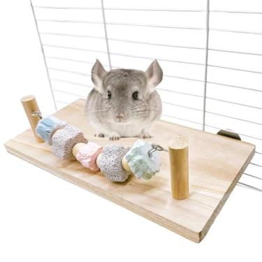 Imagem de Plataforma de borda de madeira para hamster com bloco de pedra vulcânica, brinquedos para mastigar, gaiola para animais de estimação, prateleira de madeira para chinchila, porquinho-da-índia, ratos