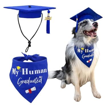 Imagem de Graduatepro Conjunto de boné e vestido de formatura para cães 2026 com bandana "My Human Graduated", boné ajustável para cães médios e grandes, adereços para fotos de roupas de formatura (real)