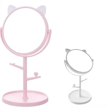 Imagem de Espelho de Mesa Gatinha com Porta Bijuteria e Organizador de Maquiagem (1pç branca)
