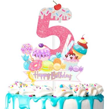 Imagem de Topper de bolo com tema de sobremesa doce infantil 5º tema doce aniversário sorvete feliz, decoração de donut, festa de aniversário de meninos e meninas, chá de bebê, festa de aniversário doces Smash