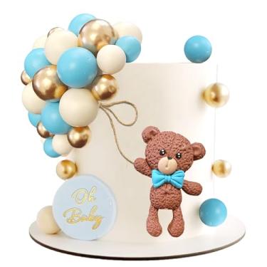 Imagem de Urso marrom balões coloridos bolas topos de bolo para aniversário chá de bebê decoração de festa suprimentos (azul)