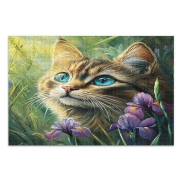 Imagem de Quebra-cabeça de flores de gato verde 1000 peças, quebra-cabeça adulto com letras na parte de trás