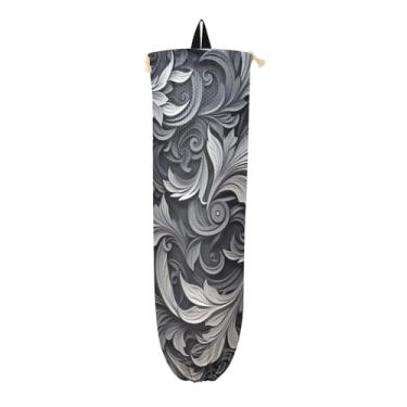 Imagem de Porta-sacos de plástico preto e branco floral com folhas e redemoinhos, suporte de saco de plástico para armário, suportes de saco de plástico para sacolas de mercearia
