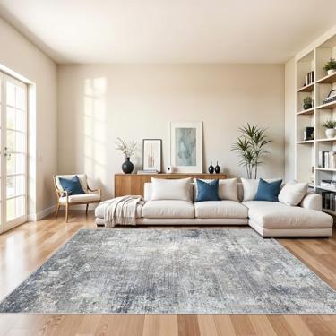 Imagem de Tapete quadrado 18 x 18 cm lavável à máquina – Tapete moderno neutro abstrato antiderrapante para sala de jantar, sala de estar, cozinha, quarto – tapete interno com destaque de pelo baixo (azul cinza