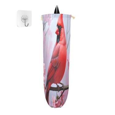 Imagem de Pássaro vermelho no ramo de flores cor-de-rosa suporte de saco de mercearia, suporte de bolsa de parede, suporte de saco de cozinha, 1 pacote