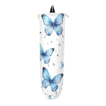 Imagem de Borboletas azuis no organizador de armazenamento de sacolas plásticas brancas de mercearia, suporte de saco de plástico para armário