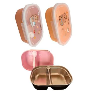 Imagem de Marmita Infantil com Divisória Inox e Talher, Pote Lancheira Hermética com Design de Urso (Marrom-Claro)