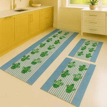 Imagem de Kit 3 Tapetes para Cozinha Algodão e Poliéster Passadeira Decorativa Macia Antiderrapante Uso Diário (Azul Coqueiro)
