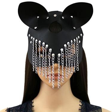 Imagem de Máscara feminina de couro sintético preto gótico metal raposa olho de gato máscara para homens, senhoras, acessório de fantasia de Halloween Carnaval animal cosplay meia máscara facial
