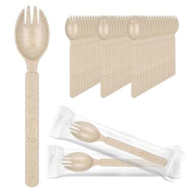 Imagem de EUSOAR Garfos de plástico, 50 peças de garfos e colheres descartáveis marrom claro de 17,3 x 3,3 cm embrulhados individualmente, colher de garfo de talheres pesados para festas, casamentos