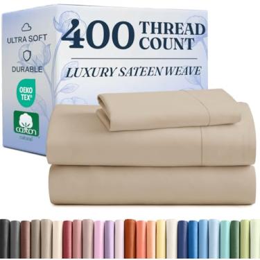 Imagem de 400 fios de algodão - jogo de cama solteiro GG - lençóis 100% algodão - 400 fios - algodão acetinado - lençóis de cama de algodão com bolso profundo - lençol de algodão extra macio de qualidade de