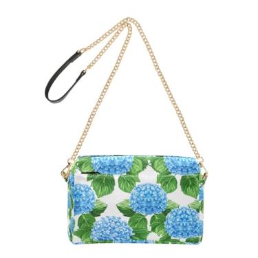 Imagem de Joitme Bolsa tiracolo com flores azuis e folhas verdes para mulheres, bolsa para celular, bolsa de ombro de couro PU, alça de corrente
