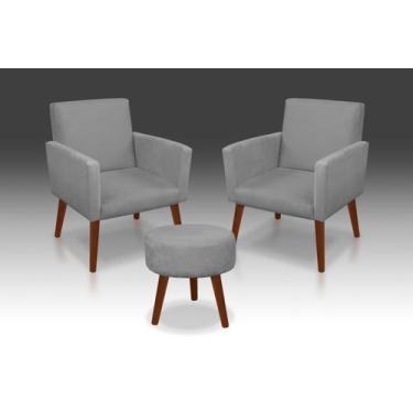 Imagem de Kit 02 Poltrona Nina  + 01 Puff Redondo Suede Cinza Claro -MODENA DECO