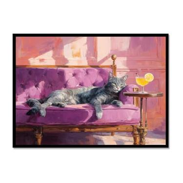 Imagem de Gato preto com estampa de arte de Martini fofo gato peculiar coquetel bar decoração moderna casa cozinha arte de parede pintura em tela pôster estética (SKU5,20.3x30.5 cm = (20x30cm), moldura de metal