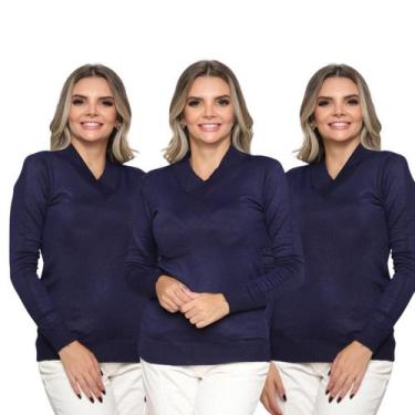 Imagem de Kit 3 Blusas Feminina Sueter Tricô Macio Gola V Manga Longa Inverno - 