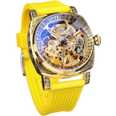 Imagem de FORSINING Relógios masculinos, relógio mecânico retrô quadrado esculpido, esqueleto automático, pulseira de couro vintage, Amarelo